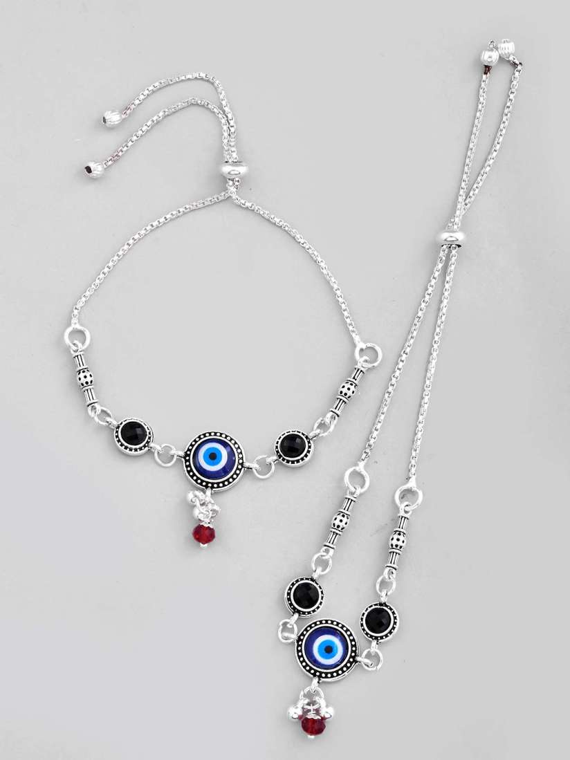 VOJ Silver-Plated Stainless Steel Evil Eye Beaded Adjustable Anklet