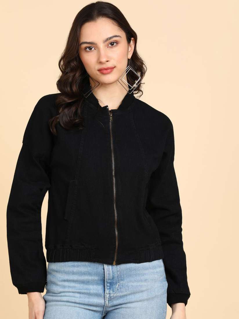 Buy DLOB Women Solid Mandarin Collar Zip Detail Denim Jacket Jackets for Women 31117165 Myntra