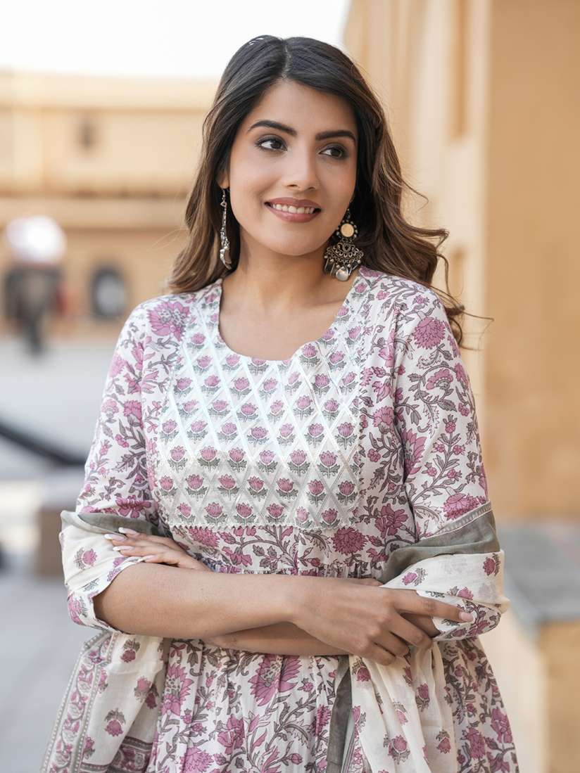 Buy KALINI Printed Pleated Gotta Patti Pure Cotton Anarkali Kurta with Trousers Dupatta Kurta Sets for Women 31133180 Myntra
