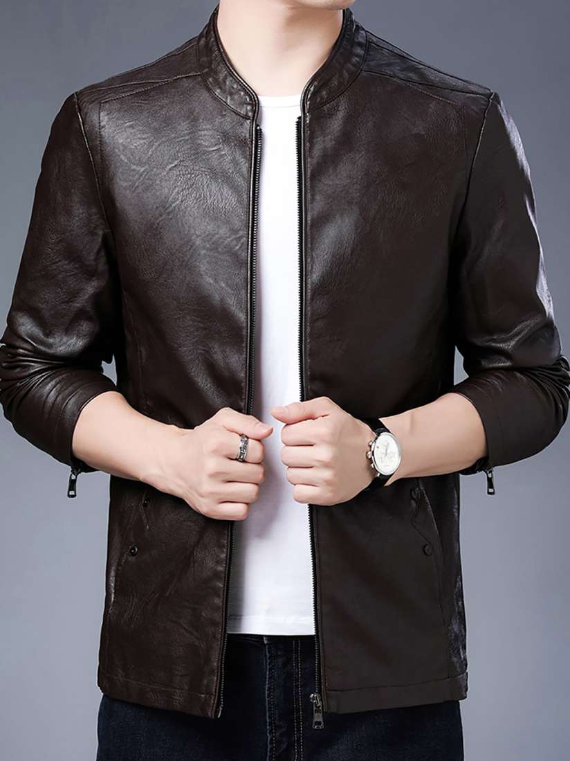 Buy StyleCast x Revolte Men Mandarin Collar Solid PU Casual Windcheater Jacket Jackets for Men 31162118 Myntra