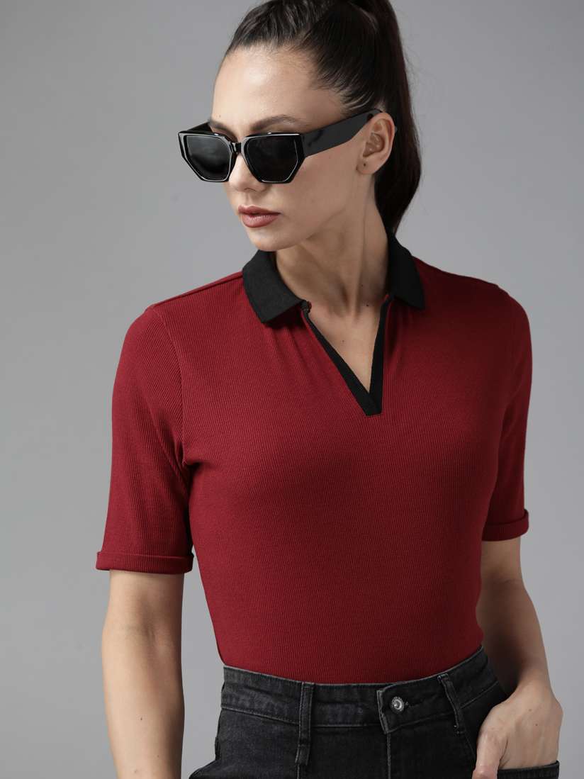 Buy Roadster Women Maroon Polo Collar Slim Fit T shirt Tshirts for Women 17300386 Myntra
