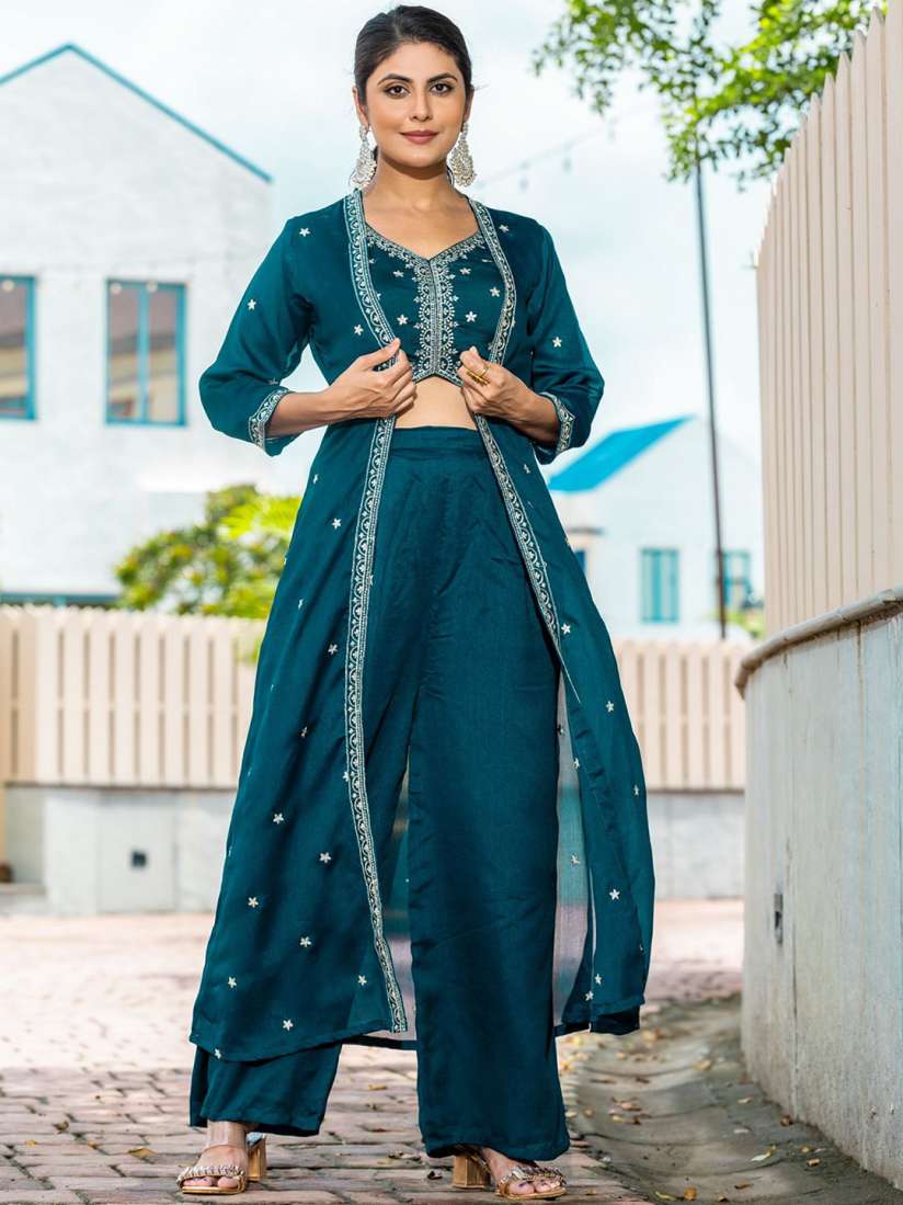 Buy Divyadham Textiles Embroidered Crop Top Palazzos With Shrug Co Ords Set Co Ords for Women 31166147 Myntra