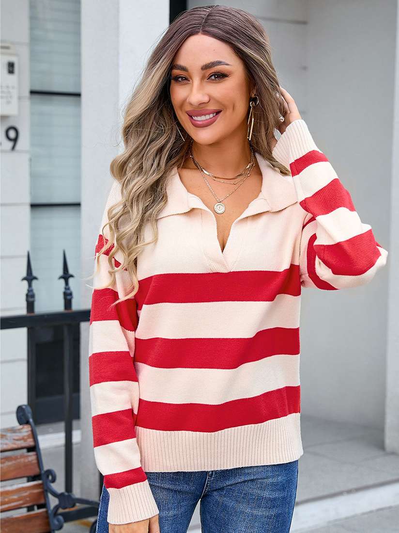 LULU SKY Women Striped V-Neck Pullover Sweater