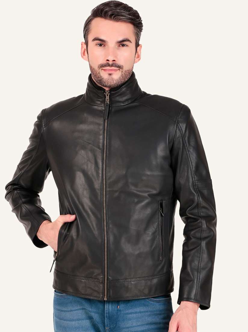 Solid leather biker jacket store