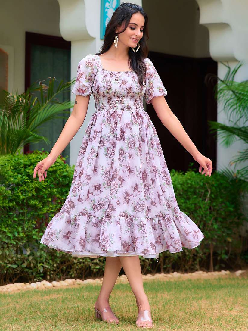 Buy Globon Impex Floral Printed Fit and Flare Puff Sleeves Midi  
