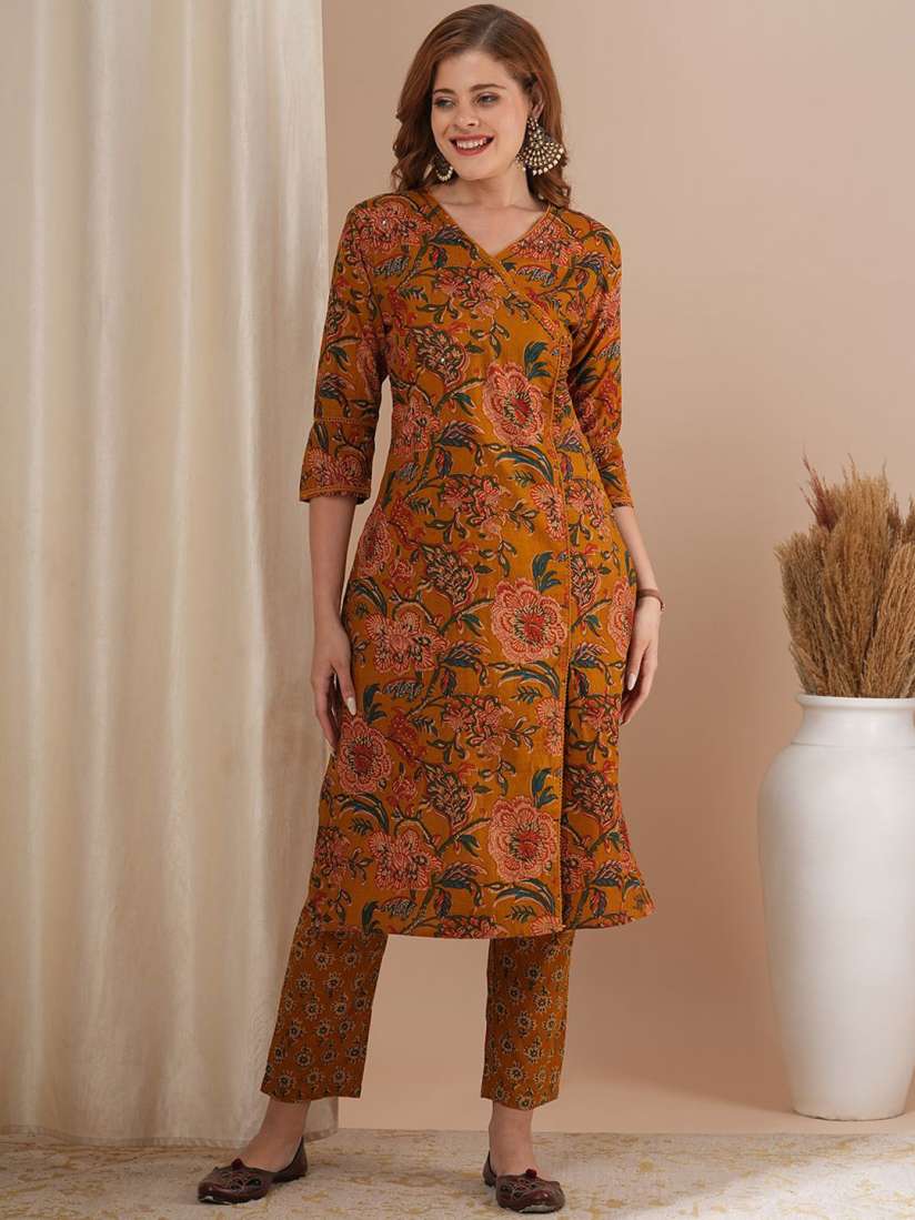 FASHOR Floral Printed Mirror Work Pure Cotton Straight Kurta With Trousers(XL) by Myntra