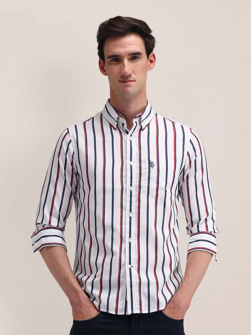 Polo Assn Mens Red And White Striped Dress Shirt Vertical Striped