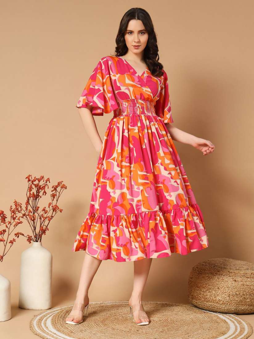 Buy ZWERLON Women Abstract Printed Flared Sleeve Fit and Flare Dress Dresses for Women 30879275 Myntra