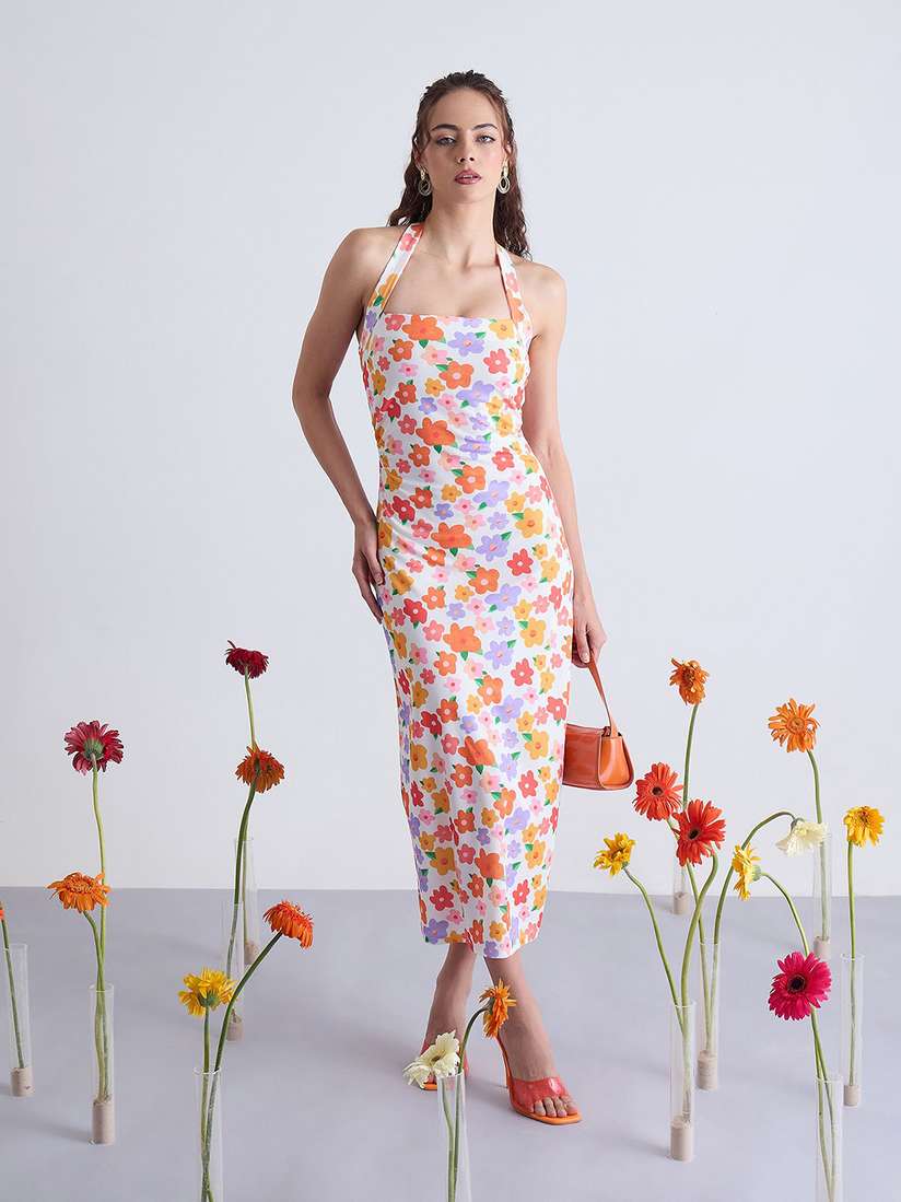 Kibo Women Floral Printed Halter Neck Midi Bodycon Dress