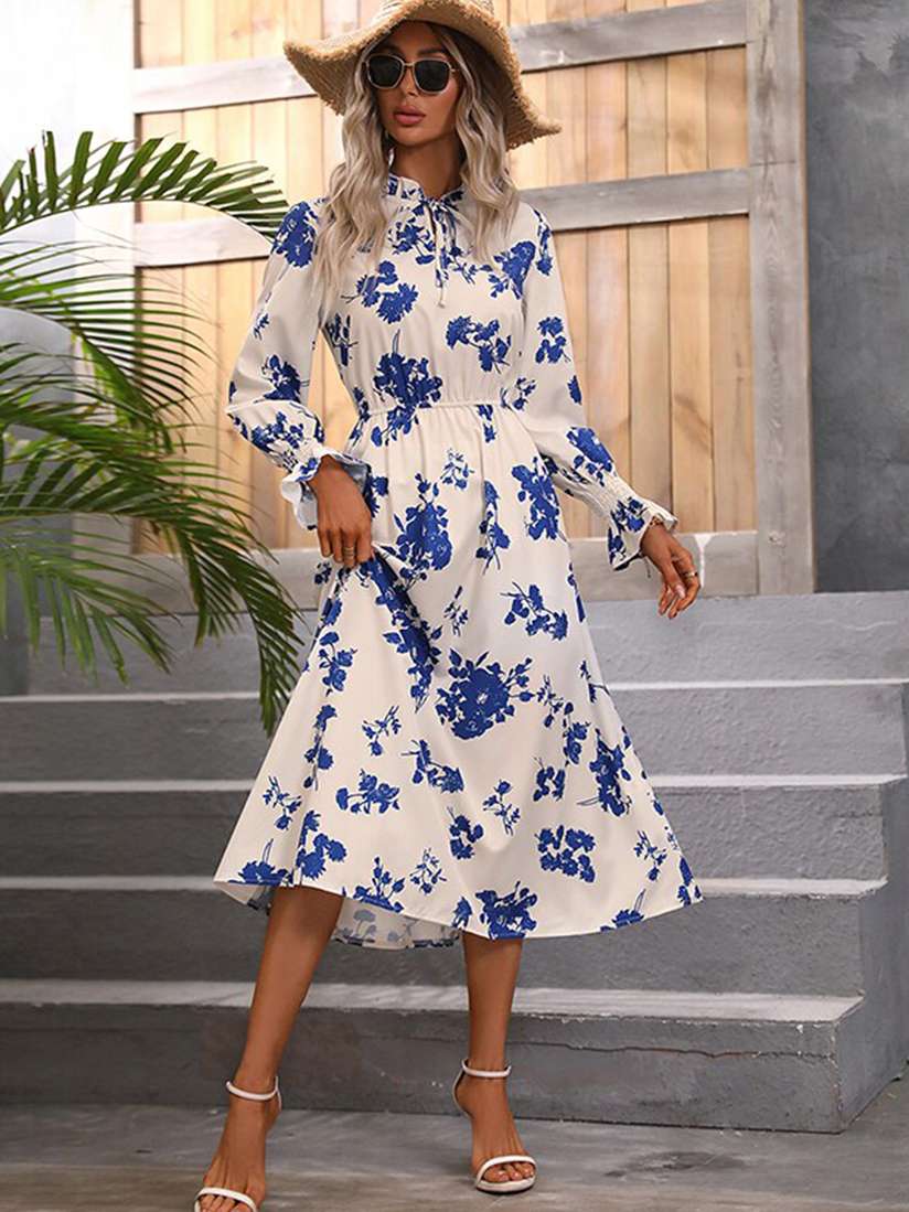 Buy StyleCast Blue And White Floral Print Tie-Up Neck Bishop Sleeves A-Line  Midi Dress - Dresses for Women 26701894 | Myntra