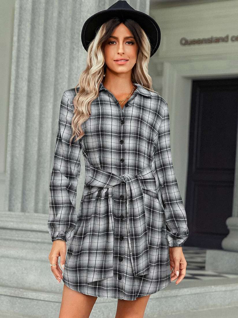 MISTREASS Fur Sleeve Plaid Shirt Dress