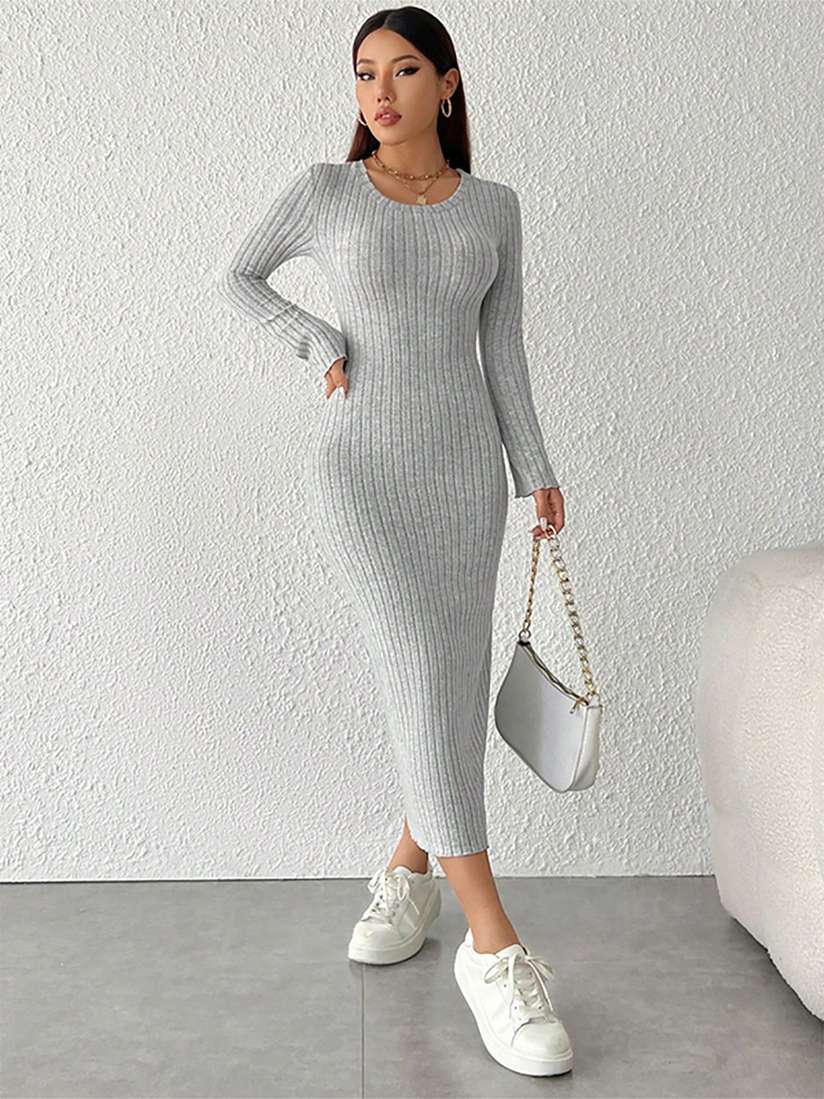 Long Sleeve Grey Midi Grey Knit Long Sleeve Collared Midi Dress