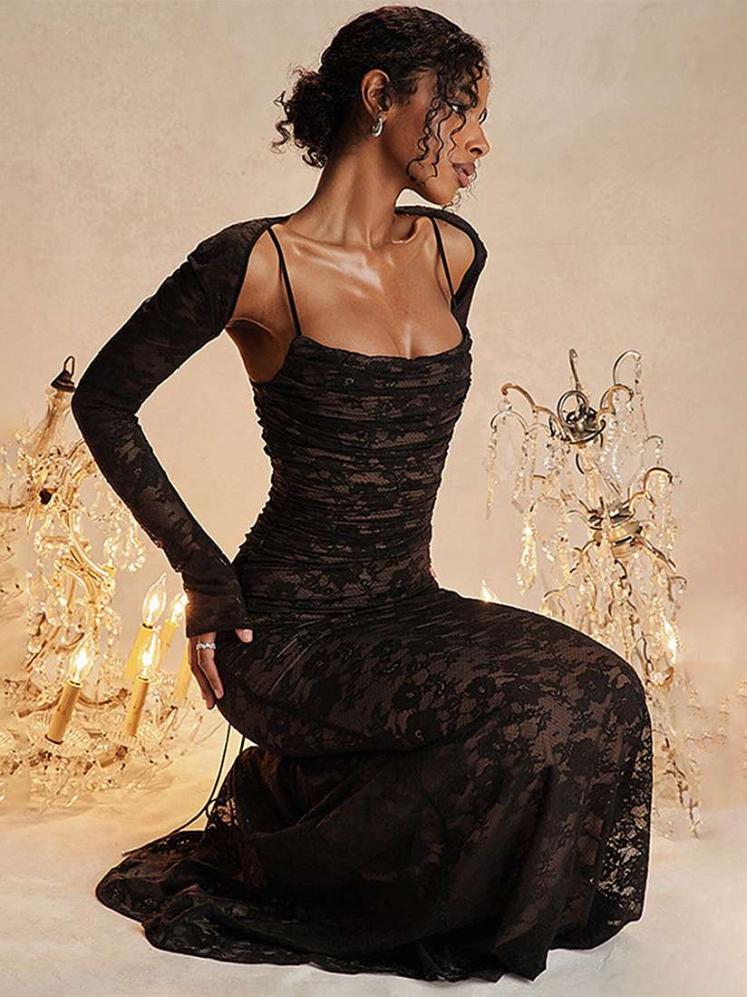 Black Maxi Dress With Sheer Bolero Sheath V Neck Long Black
