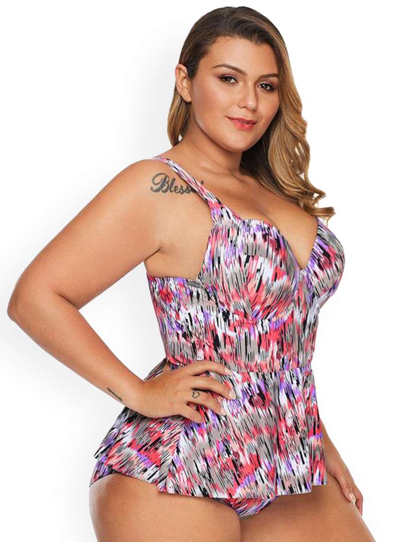 One Piece Swimsuit Plus Size Peplum Tankini Plus Curvves Printed