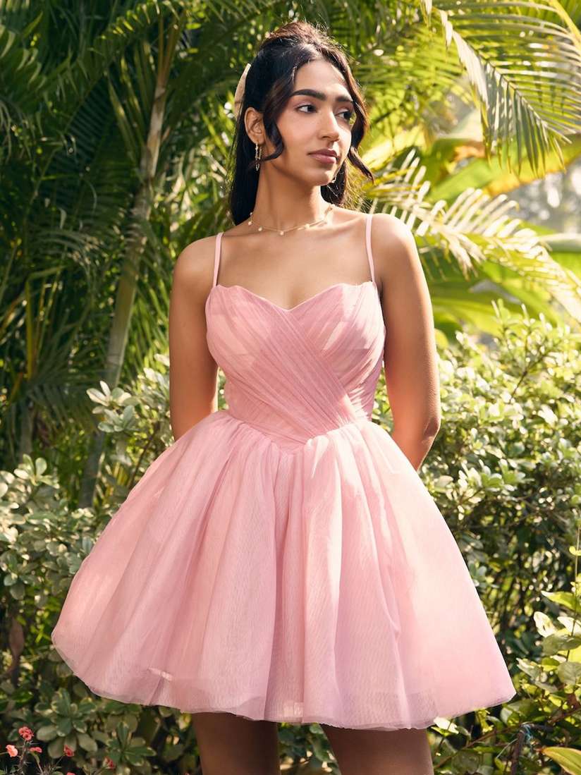 Buy Lea Clothing Women Fit Flare Becca Baby Pink Mesh Mini