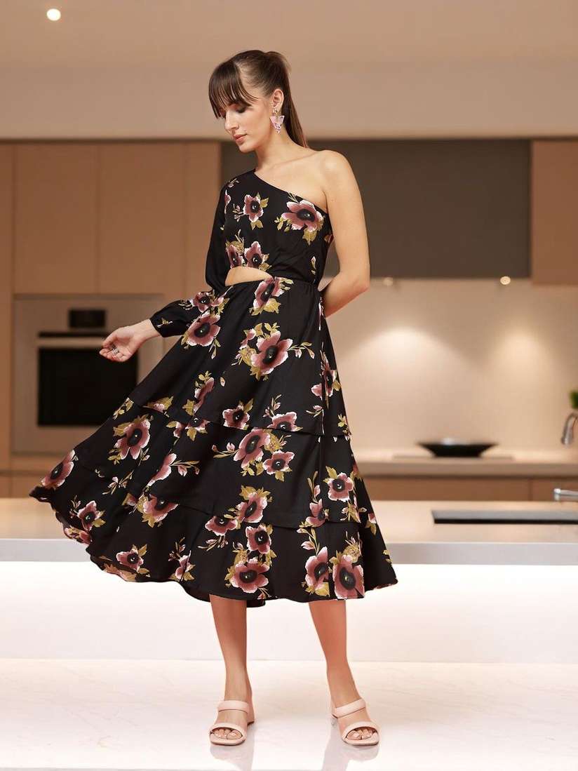 Midi Dress Floral Print Cold Shoulder Dress OOMPH! FACTOR Women