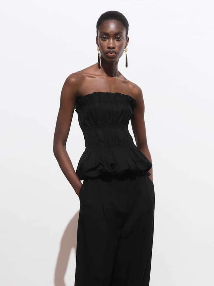 MANGO Off-Shoulder Smocked Cotton Peplum Top