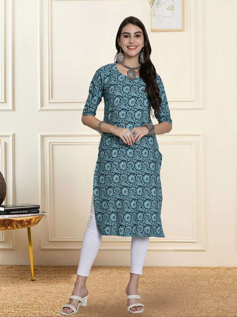 Blue Ethnic Motifs Printed Cotton Straight Kurta