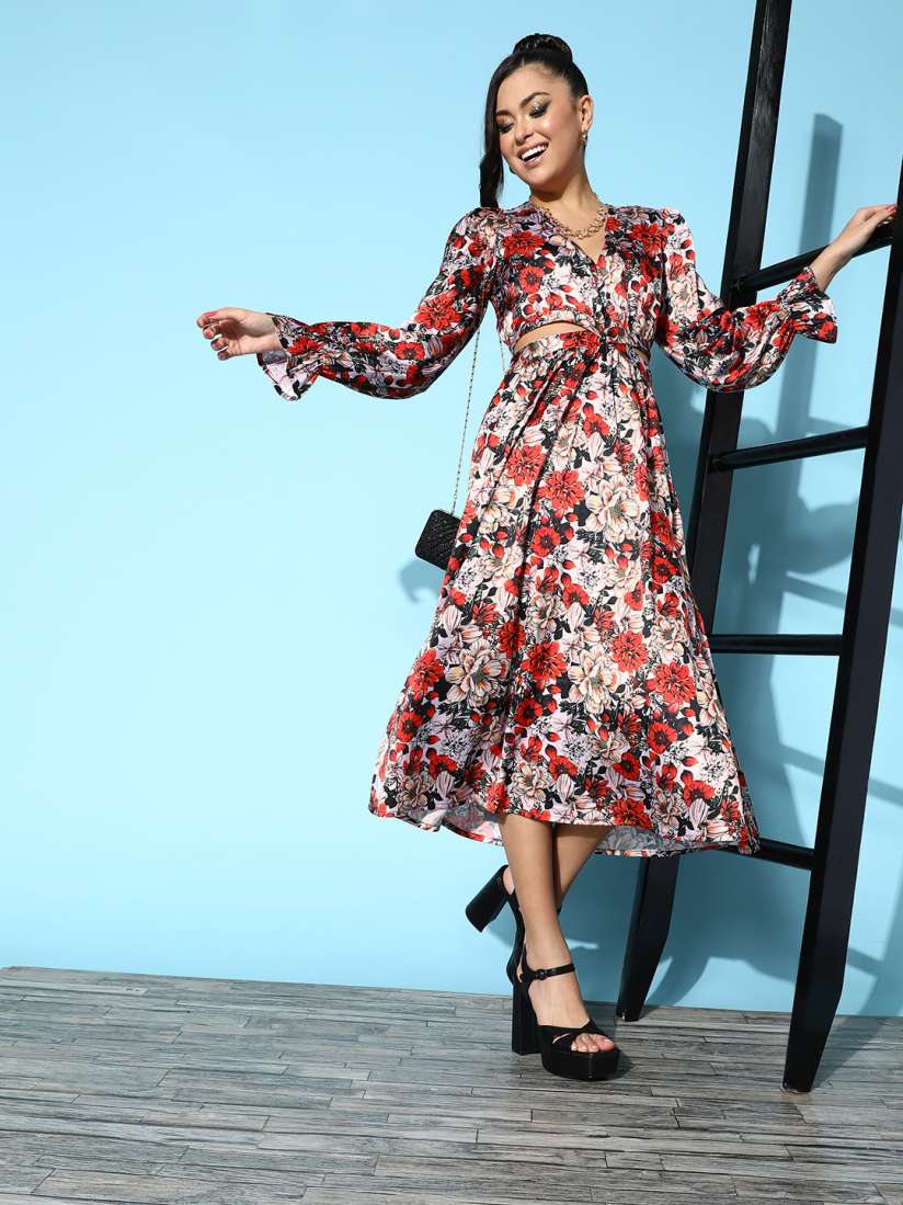 Buy SASSAFRAS Women Gorgeous Red Floral Cut It Off Dress Dresses for Women 20258414 Myntra