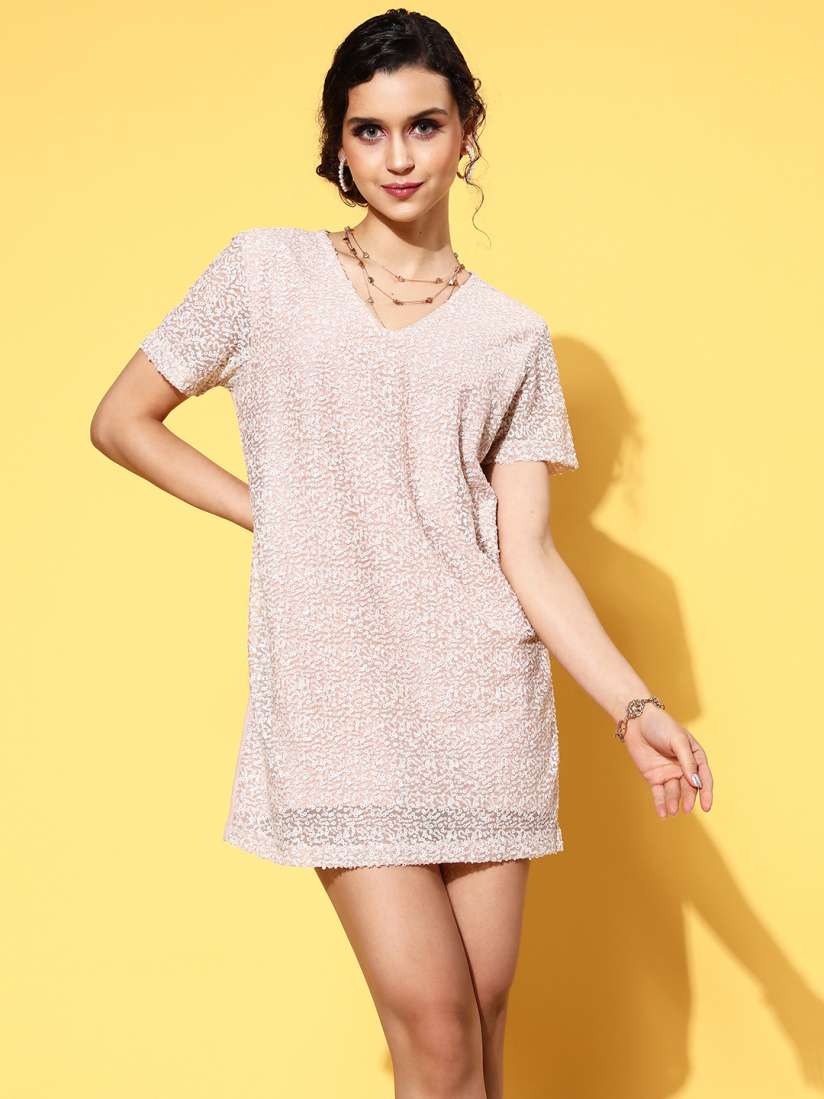 Buy SASSAFRAS Women Cream Solid Shimmer Sequin Dress Dresses for Women 20258510 Myntra