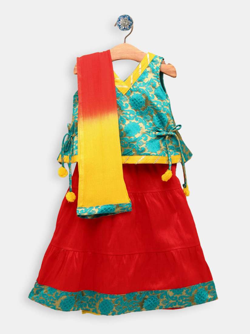 Buy Hopscotch Girls Green Red Printed Ready to Wear Lehenga Blouse With Dupatta Lehenga Choli for Girls 20263154 Myntra