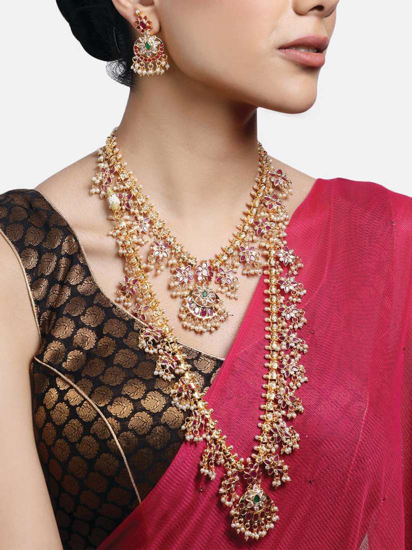 Buy Estele Gold Plated CZ Double Layered Machlipatnam Bridal Necklace Set Combo Jewellery Set for Women 20271648 Myntra