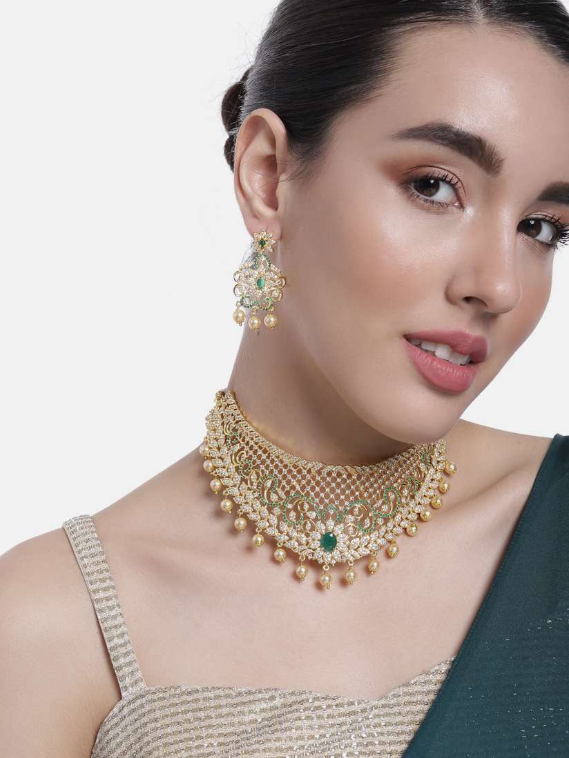 Buy Estele Gold Plated CZ Gorgeous Bridal Choker Necklace Set With Pearls Crystals Jewellery Set for Women 20271660 Myntra