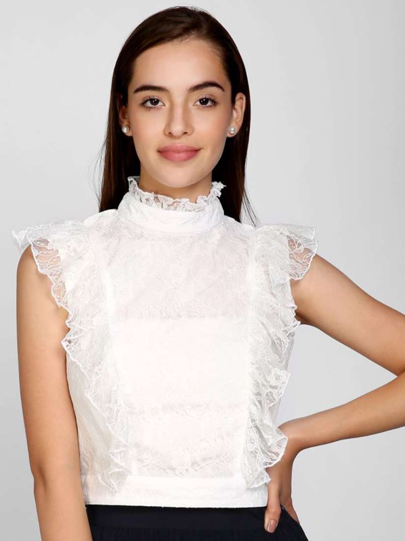 Buy I Love She Women White Self Design High Neck Lace Frill Top Tops for Women 20295778 Myntra