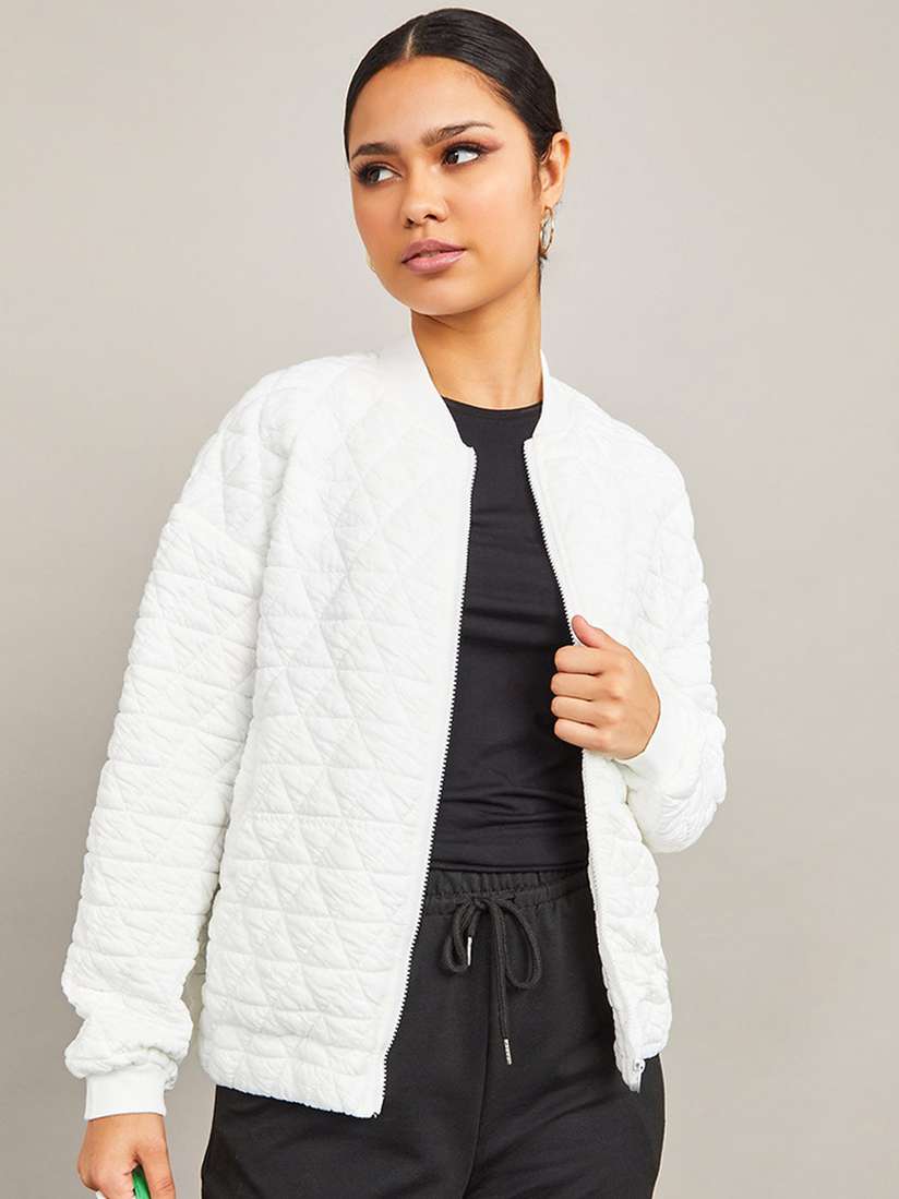 Buy Styli Women White Oversized Quilted Regular Length Bomber