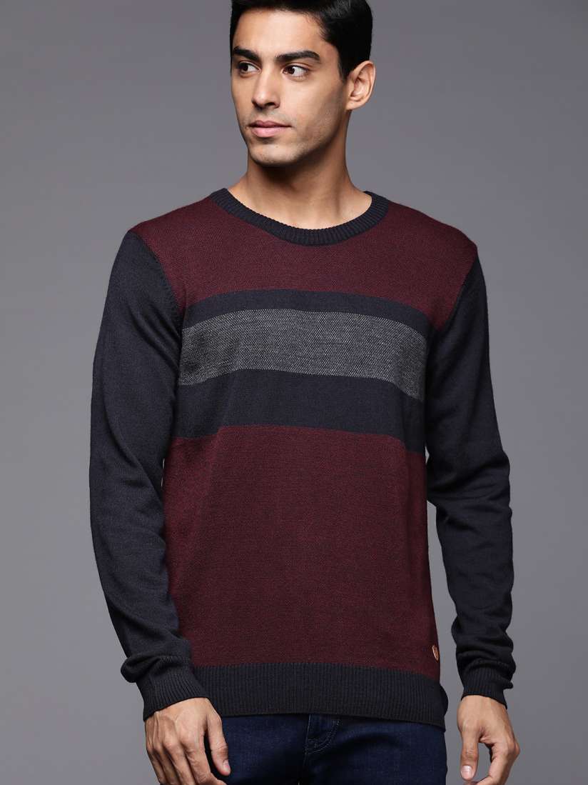 Buy Raymond Men Maroon Navy Blue Striped Woolen Pullover Sweaters for Men 20310602 Myntra