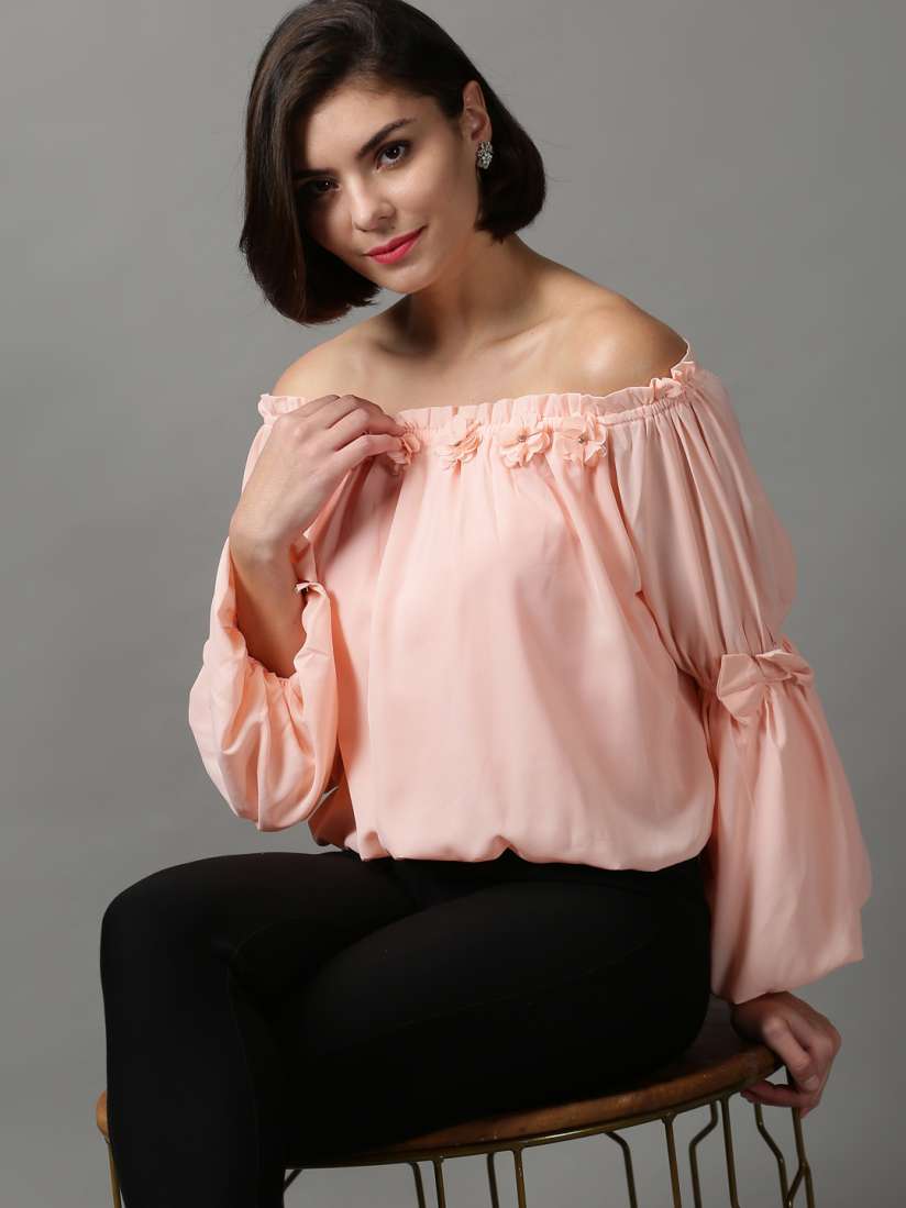 Buy SHOWOFF Peach Coloured Off Shoulder Georgette Bardot Top Tops for Women 20317528 Myntra