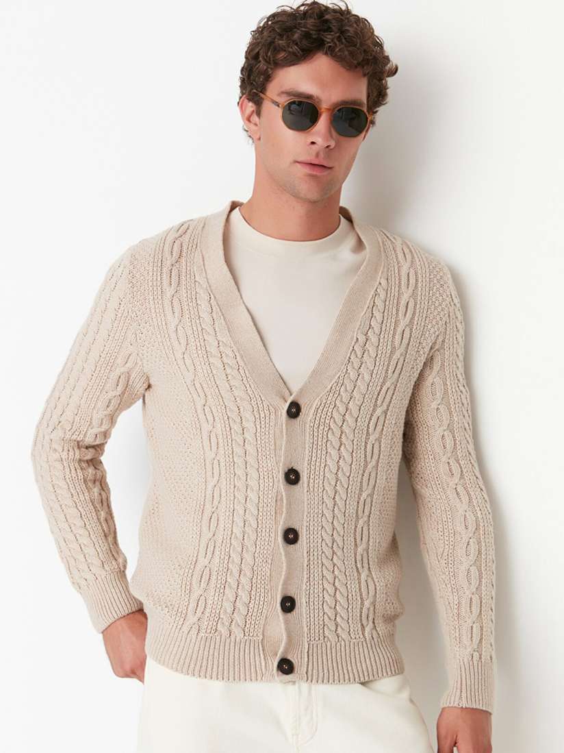 Buy Trendyol Men Beige Cable Knit Acrylic Cardigan Sweater Sweaters for Men 20323346 Myntra