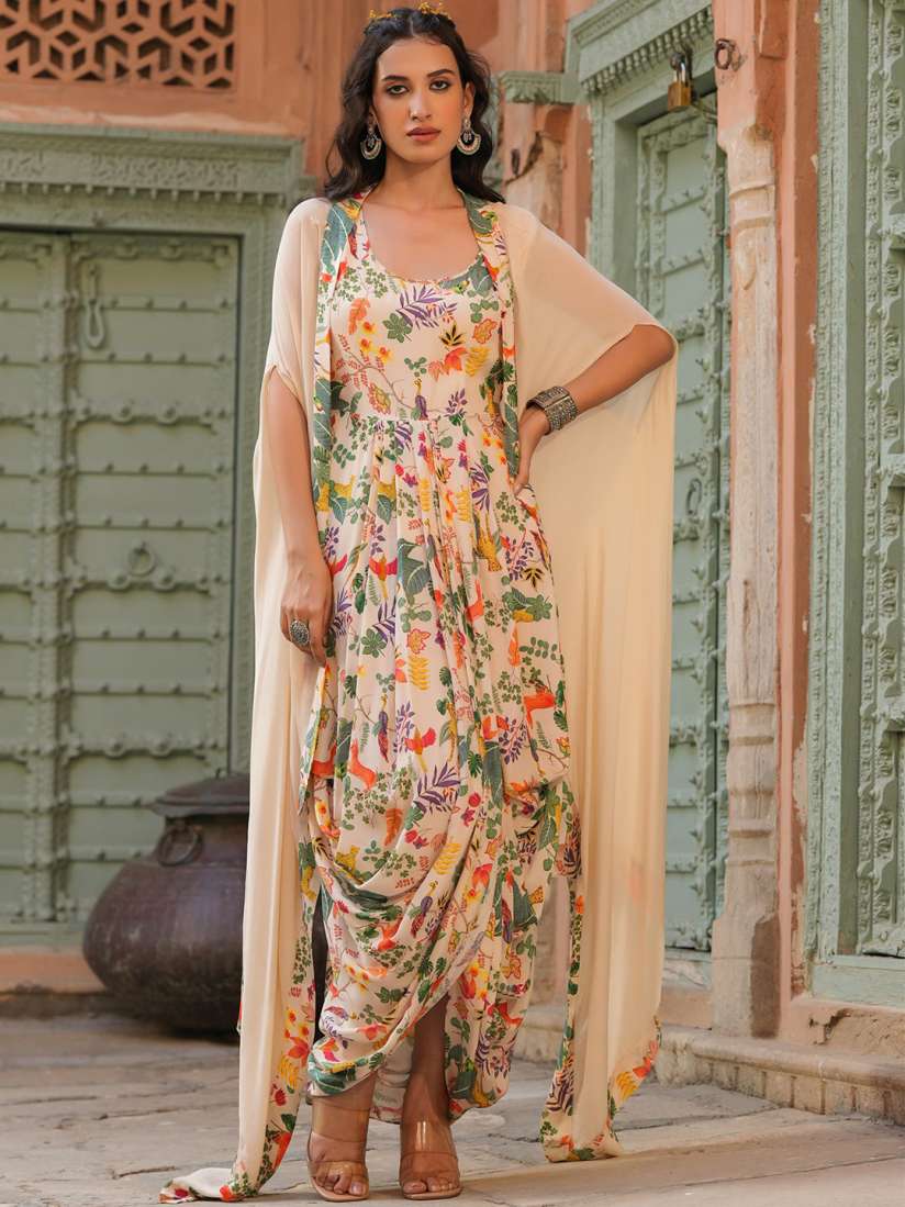 Buy SCAKHI Women Cream Coloured Green Printed Dhoti Style Ethnic Dress Ethnic Dresses for Women 20323710 Myntra
