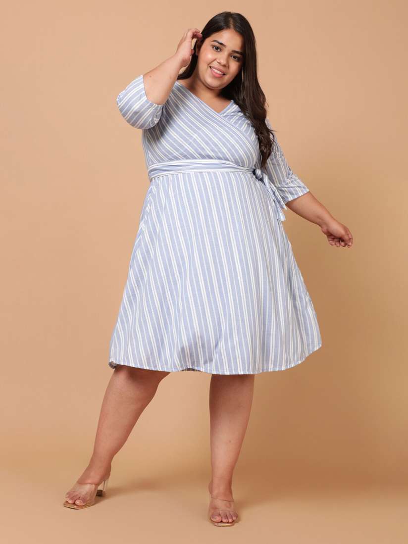 Plus size blue and white striped dress top
