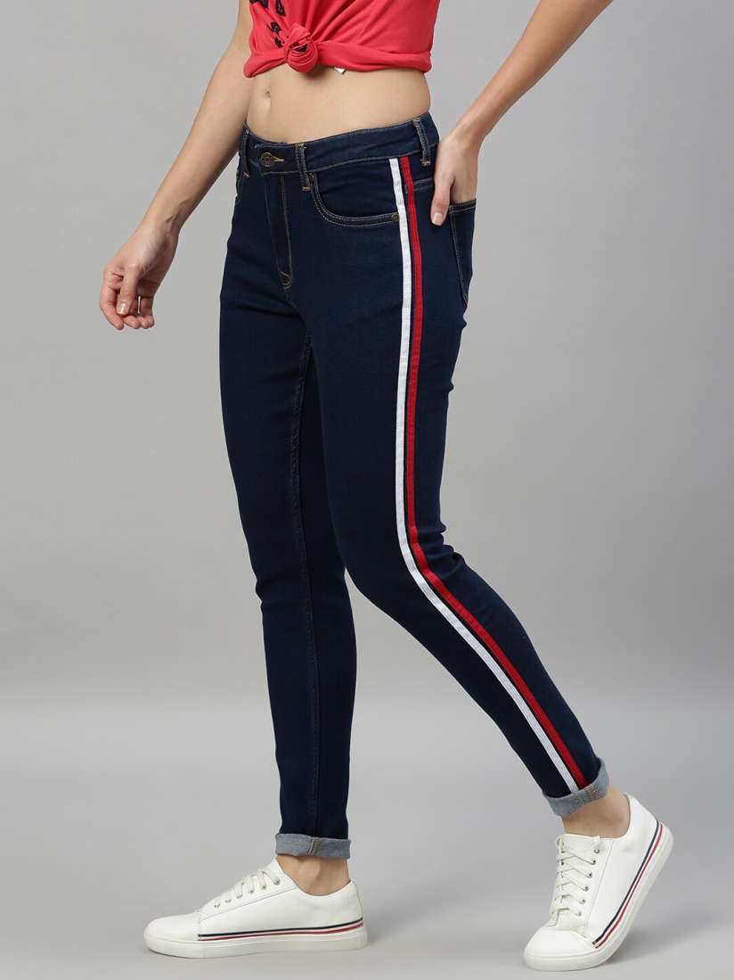 Buy Enviously Young Women Navy Blue Side Stripes Slim Fit Low Distress Stretchable Jeans Jeans for Women 20326664 Myntra