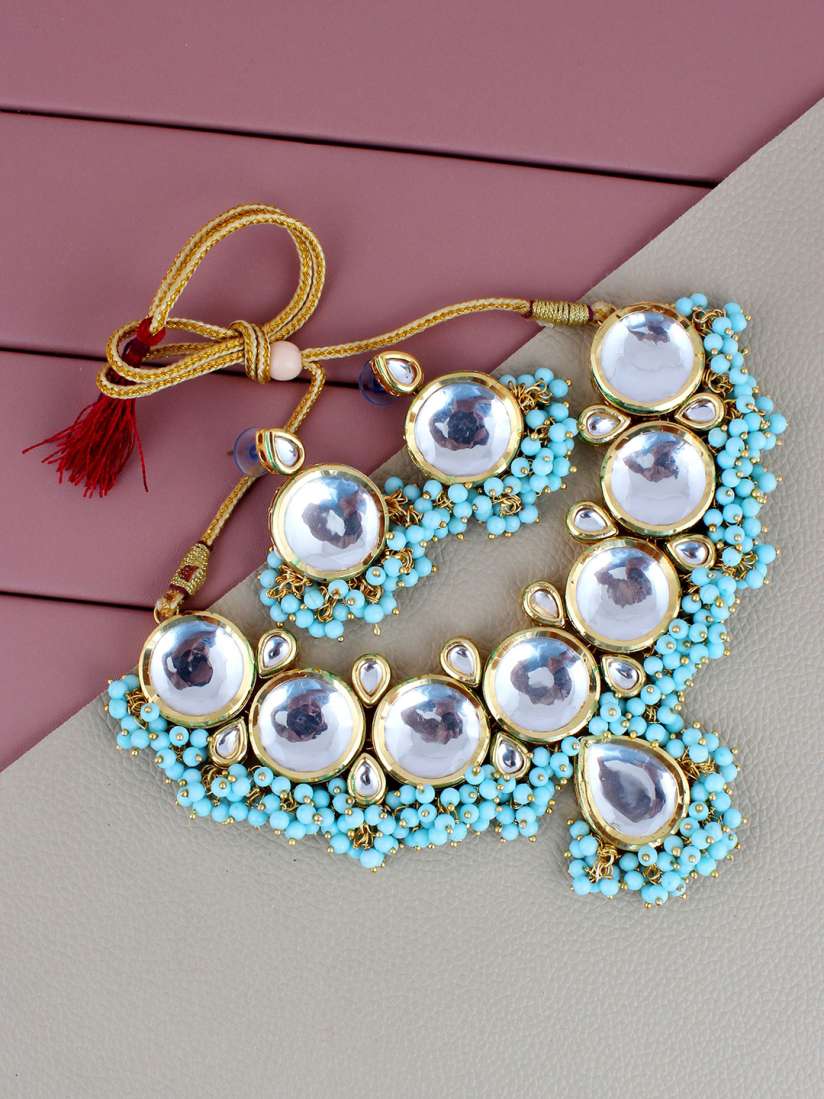 Buy LUCKY JEWELLERY 18K Gold Plated White Blue Kundan Studded Beaded Jewellery Set Jewellery Set for Women 20337730 Myntra
