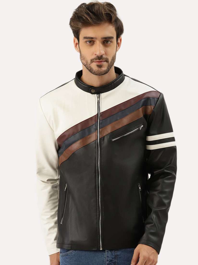 Buy Leather Retail Men Black White Colourblocked Outdoor Biker Jacket Jackets for Men 20338908 Myntra