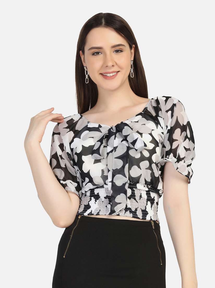 Buy BUY NEW TREND Women Black White Floral Print Georgette Top Tops for Women 20344428 Myntra