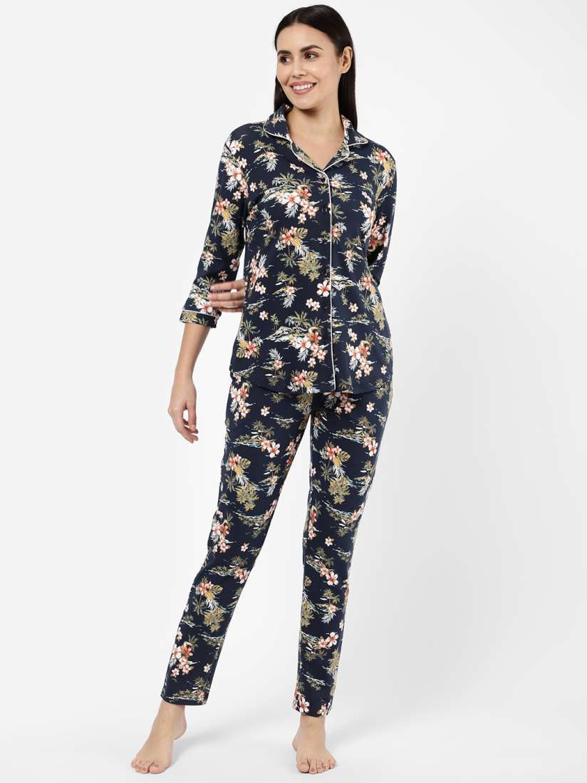 Buy SDL by Sweet Dreams Women Navy Blue Green Printed Night suit Night suits for Women 20345250 Myntra