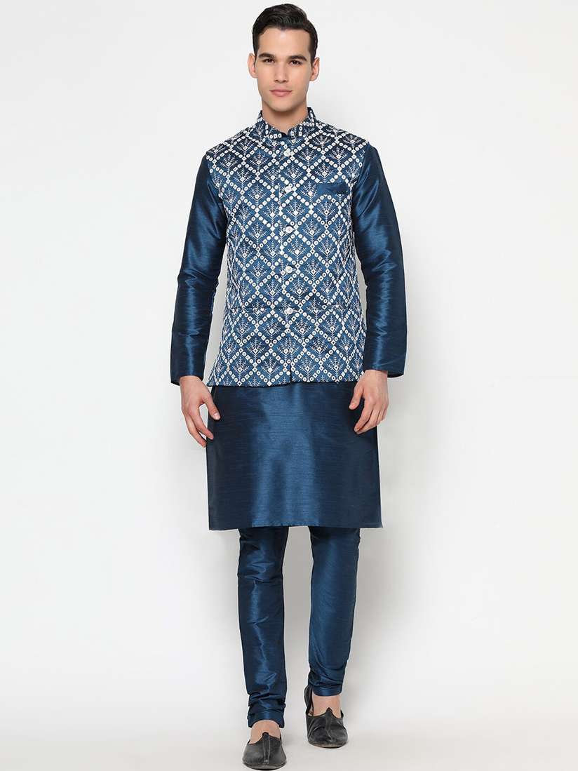 Buy GoStyle Men Navy Blue Mirror Work Kurta with Churidar with