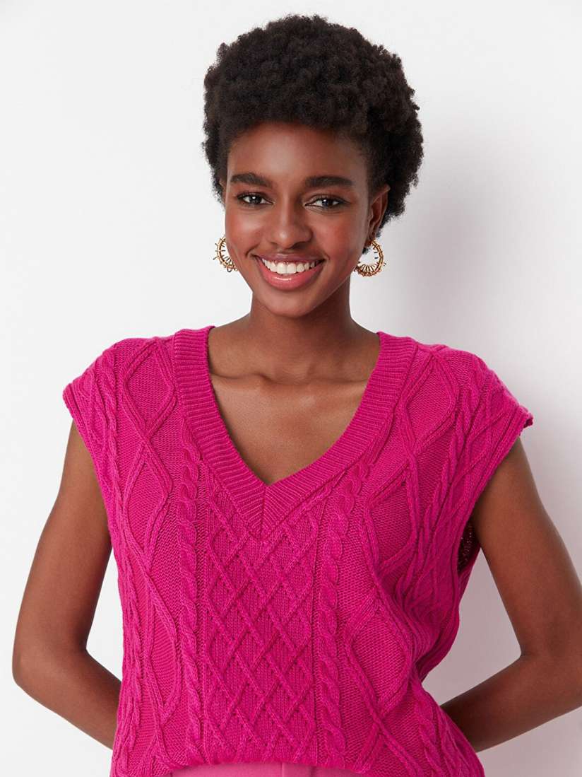 Buy Trendyol Women Fuchsia Cable Knit Ribbed Crop Cardigan Sweaters for Women 20367536 Myntra