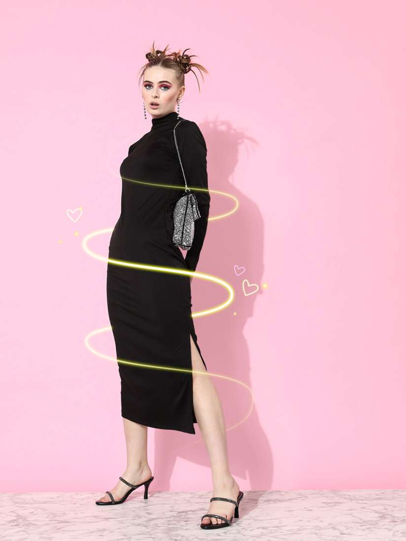 Buy Kook N Keech Jet Black Solid Mock Neck Long Sleeves Sheath Midi Dress Dresses for Women 20371938 Myntra