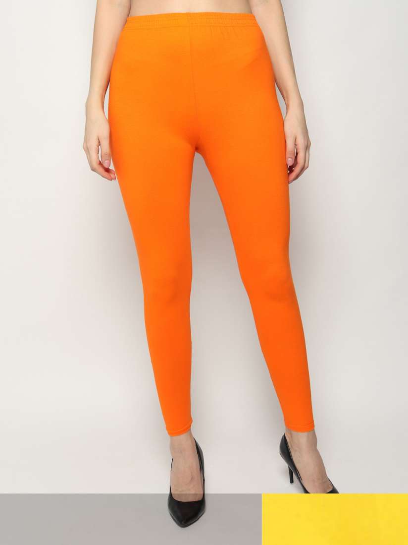 Buy KEX Women Pack Of 2 Orange Yellow Solid Pure Cotton Ankle Length Leggings Leggings for Women 20373302 Myntra
