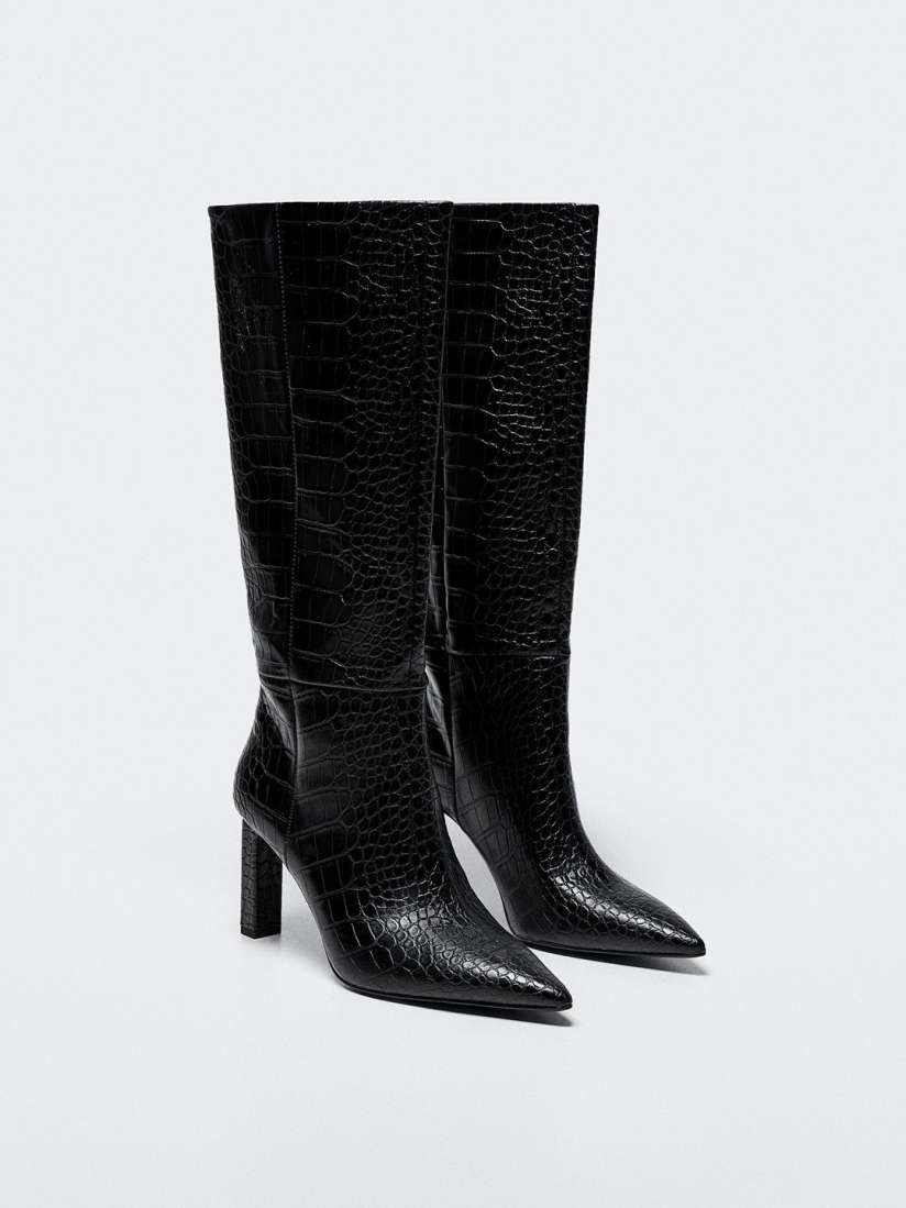 Buy MANGO Women Black Croc Textured High Top Pointed Toe Regular Heeled Boots Boots for Women 20379532 Myntra