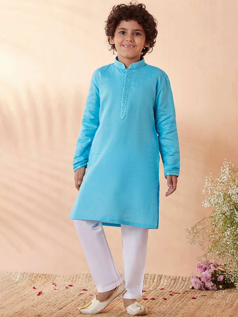 Buy Manyavar Boys Blue White Self Design Straight Kurta with Pyjamas Kurta Sets for Boys 20398880 Myntra
