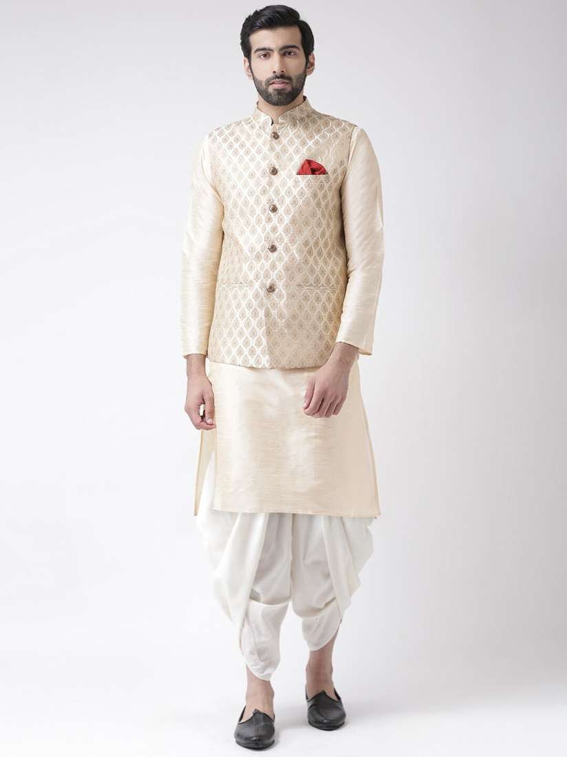 Buy KISAH Men Cream White Solid Straight Kurta with Dhoti Pants Jacquard Nehru Jacket Set Kurta Sets for Men 20408574 Myntra