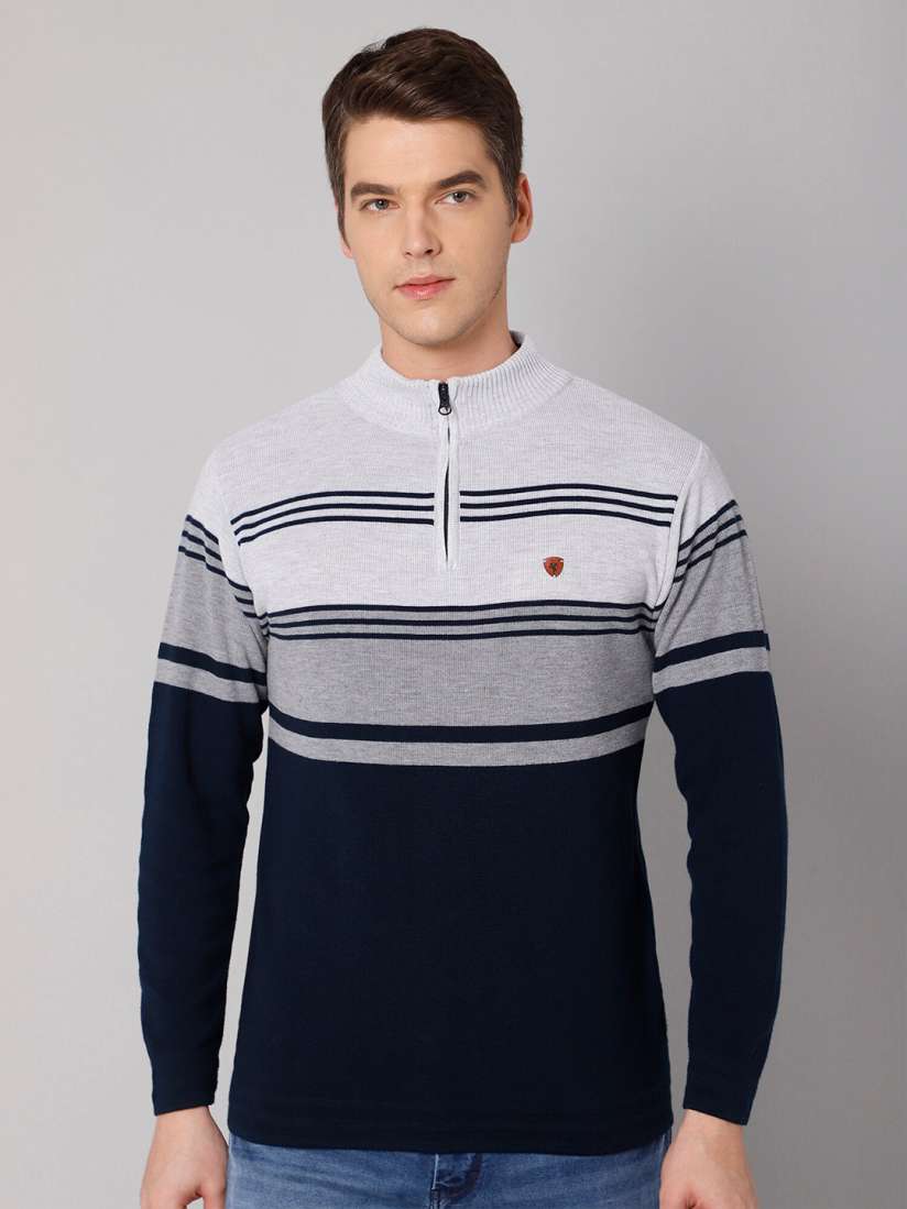 Buy Cantabil Men Grey Melange Navy Blue Striped Striped Pullover Sweaters for Men 20442992 Myntra