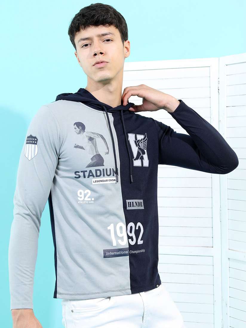 Buy HIGHLANDER Men Grey & Navy Blue Hooded Slim Fit T-shirt 