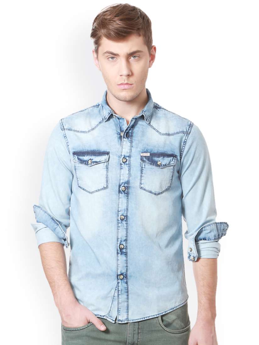 Buy People Men Blue Slim Fit Faded Denim Shirt Shirts for Men 2047048 Myntra