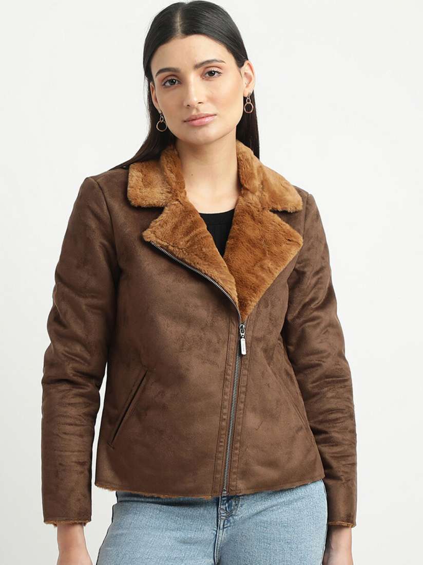 Buy United Colors of Benetton Women Brown Solid Lapel Collar Biker Jacket Jackets for Women 20470492 Myntra